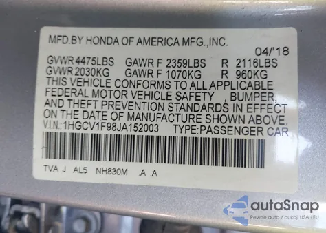 2018 Honda Accord Touring из США, поврежденный, VIN 1HGCV1F98JA152003